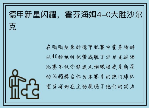德甲新星闪耀，霍芬海姆4-0大胜沙尔克