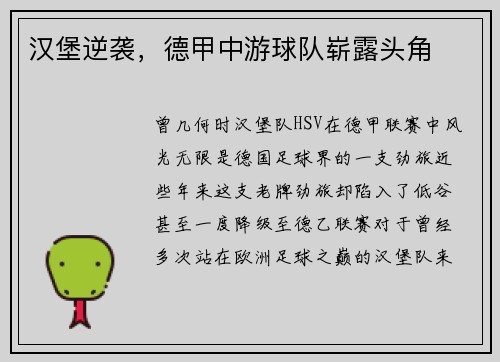 汉堡逆袭，德甲中游球队崭露头角